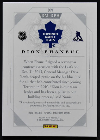 2013-14 Panini National Treasures Dual Mem Dion Phaneuf DM-DPH Auto Jersey