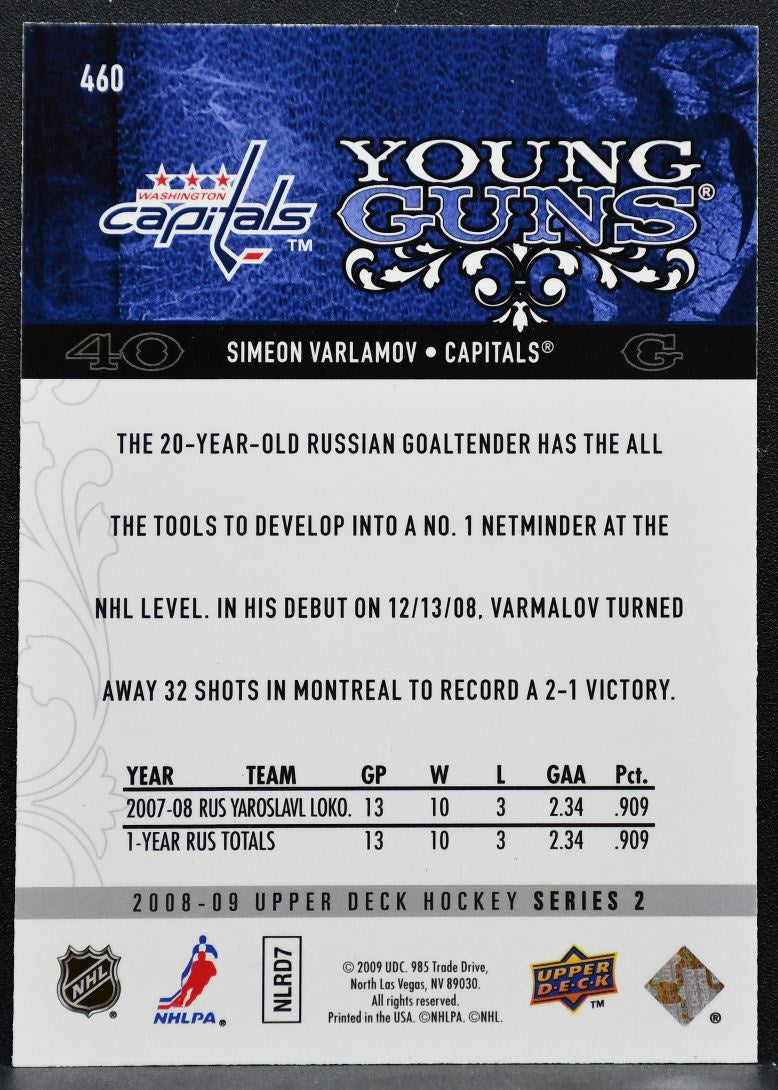 2008-09 Upper Deck Series 2 Young Guns Simeon Varlamov 460 Capitals RC 7714