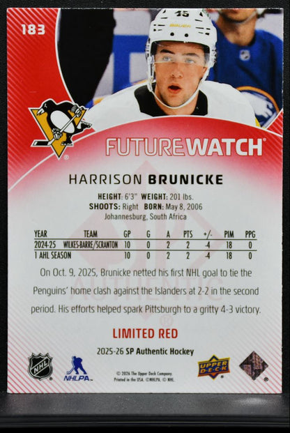 2025-26 SP Authentic Future Watch Limited Red Harrison Brunicke Penguins RC 0344