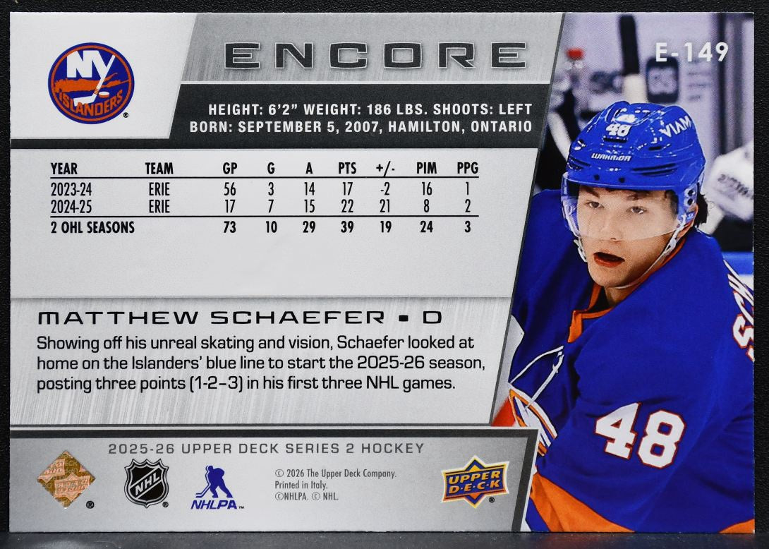 2025-26 UD Series 2 Encore Matthew Schaefer E-149 New York Islanders RC 2034