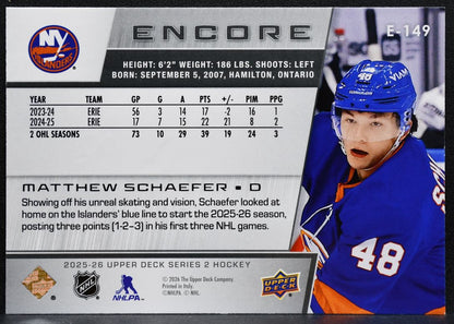 2025-26 UD Series 2 Encore Matthew Schaefer E-149 New York Islanders RC 2034