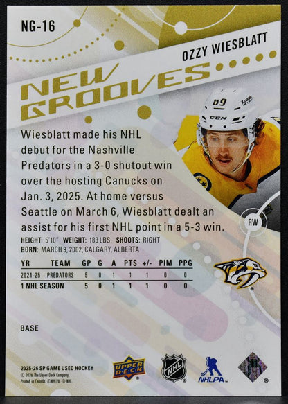 2025-26 SP Game Used New Grooves Ozzy Wiesblatt NG-16 Nashville Predators RC 9522