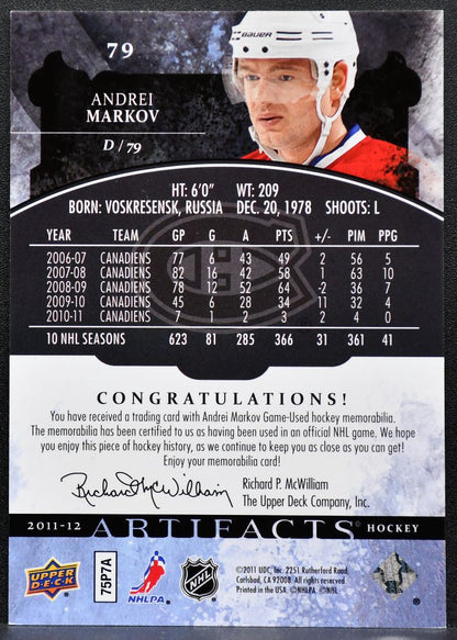 2011-12 Upper Deck Artifacts Jerseys Andrei Markov Canadiens 067/125 Jersey 8535