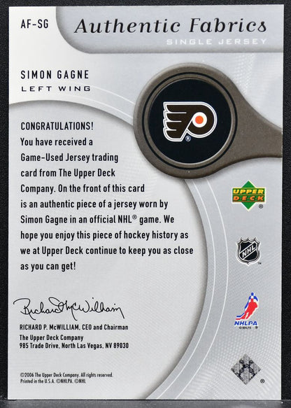 2005-06 SP Game Used Authentic Fabrics Single Jersey Simon Gagne Jersey 9330