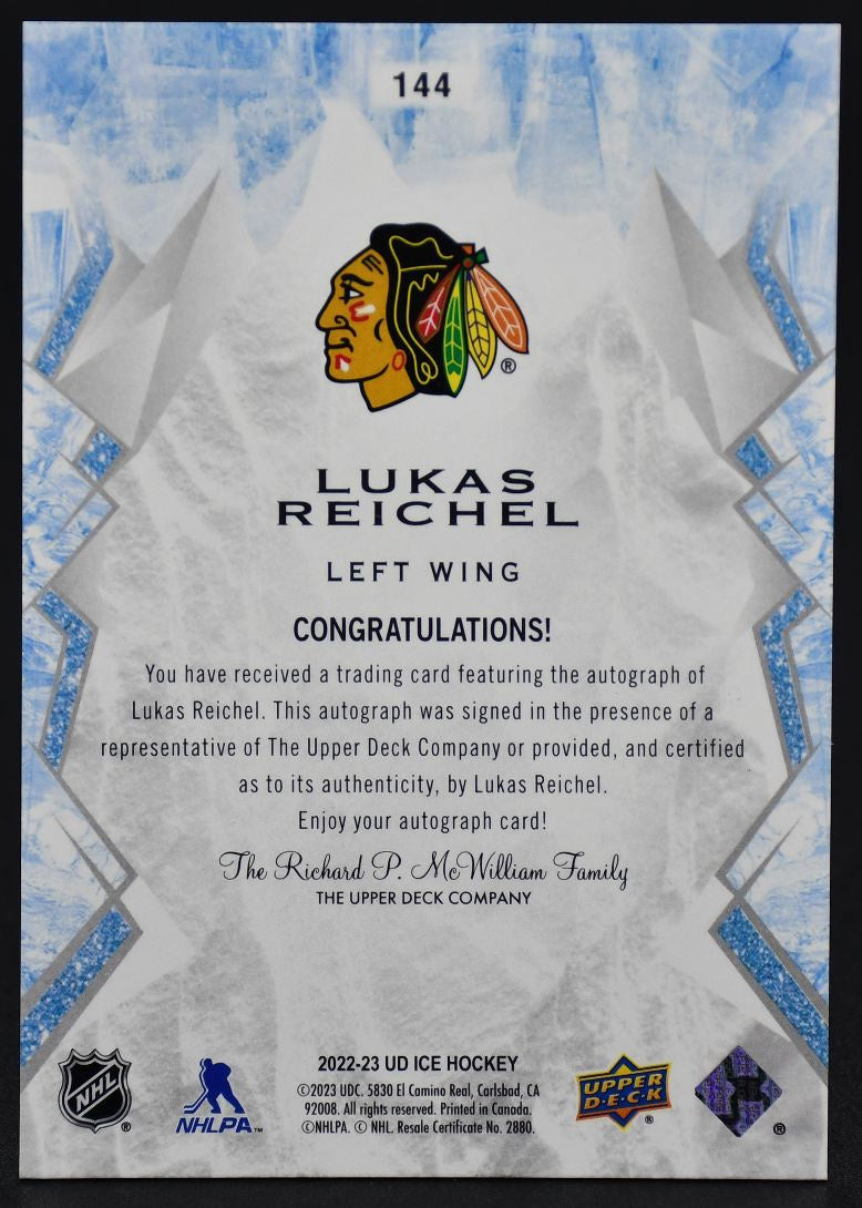 2022-23 UD Ice Lukas Reichel 144 Chicago Blackhawks RC Auto