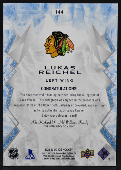 2022-23 UD Ice Lukas Reichel 144 Chicago Blackhawks RC Auto