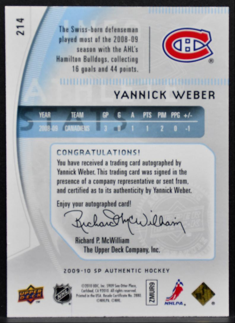 2009-10 SP Authentic Future Watch Auto Yannick Weber RC Auto 244/999 0628