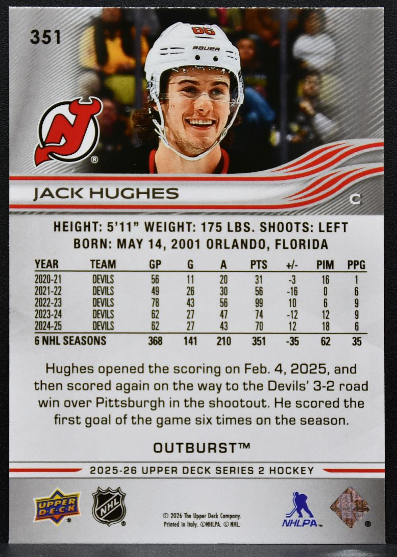 2025-26 Upper Deck Series 2 Outburst Jack Hughes 351 New Jersey Devils 4544