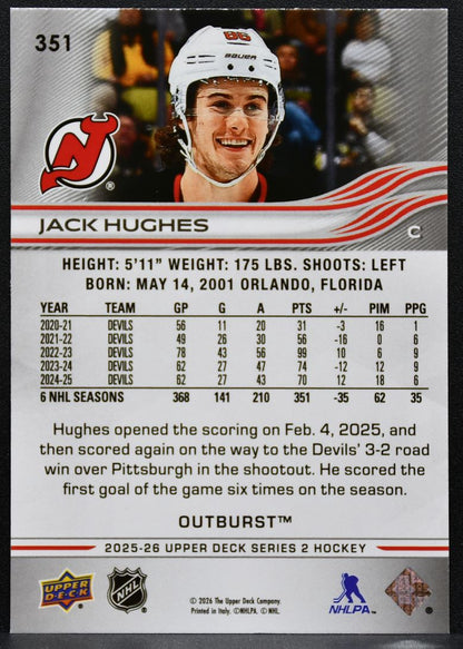 2025-26 Upper Deck Series 2 Outburst Jack Hughes 351 New Jersey Devils 4544