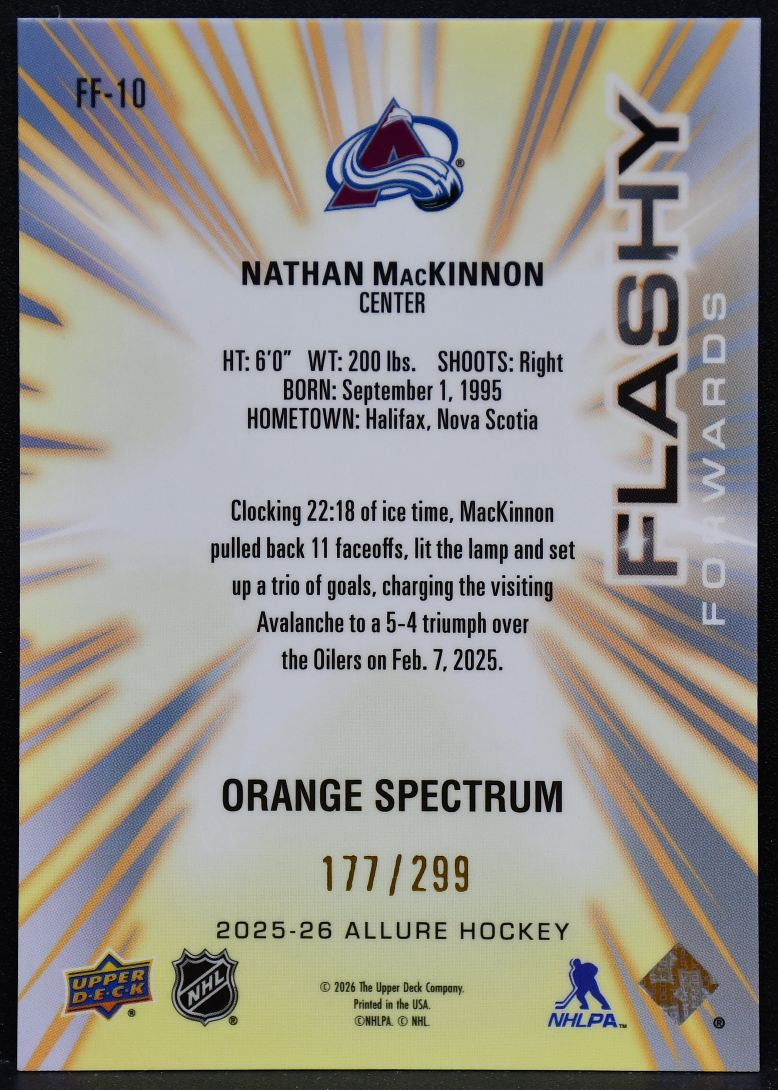 2025-26 UD Allure Flashy Forwards Orange MacKinnon Avalanche 177/299 5088