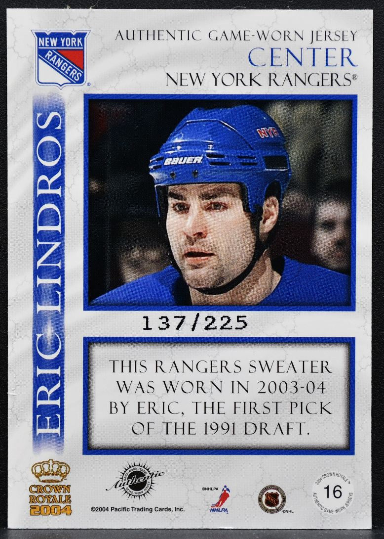 2004-05 Pacific Crown Royale Eric Lindros 16 New York Rangers Jersey 5857