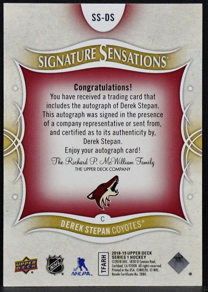 2018-19 UD Signature Sensations Derek Stepan SS-DS Arizona Coyotes Auto