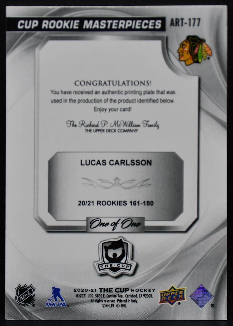 2020-21 UD The Cup Masterpieces Printing Plate Carlsson Blackhawks RC 1/1 4289