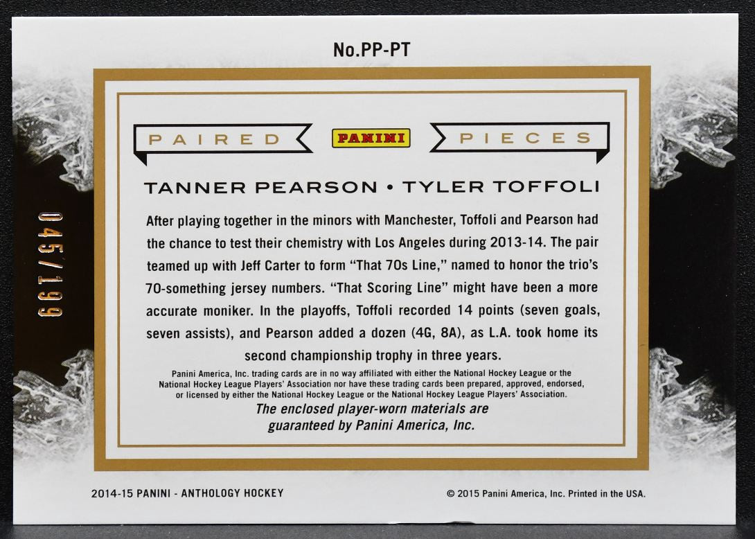 2014-15 Panini Anthology Paired Pieces Tanner Pearson/Tyler Toffoli Jersey 1380