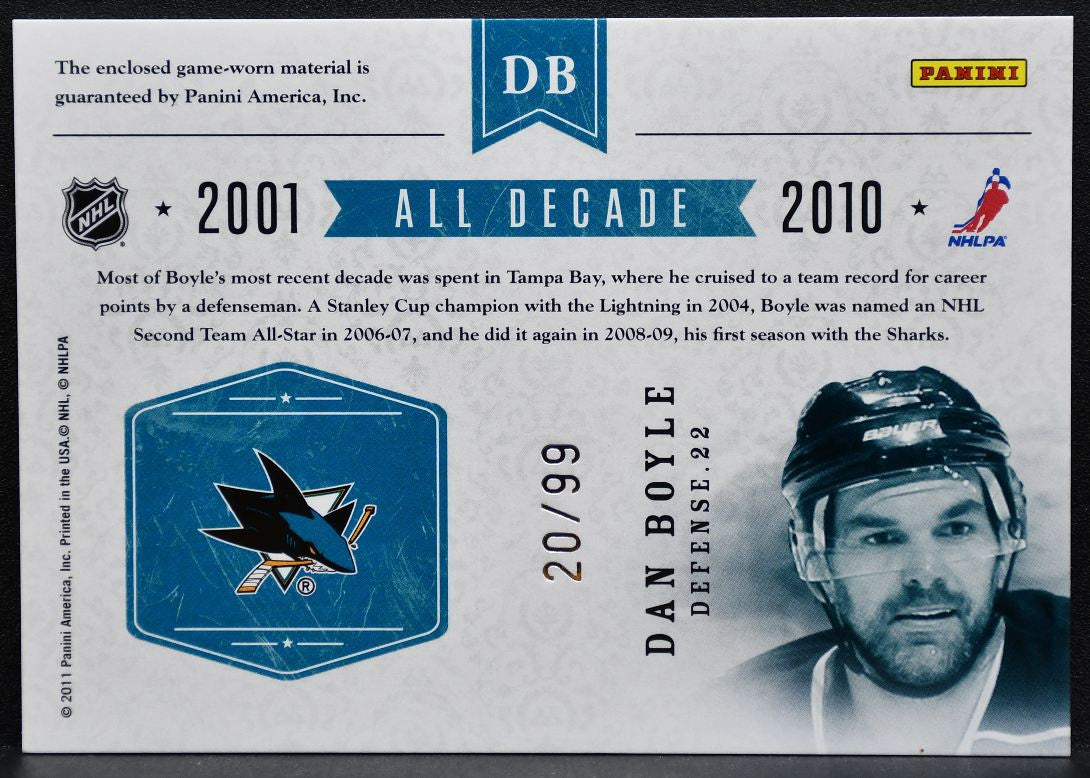 2011-12 Panini Dominion All Decade Jersey Dan Boyle DB Sharks 20/99 Jersey 0530