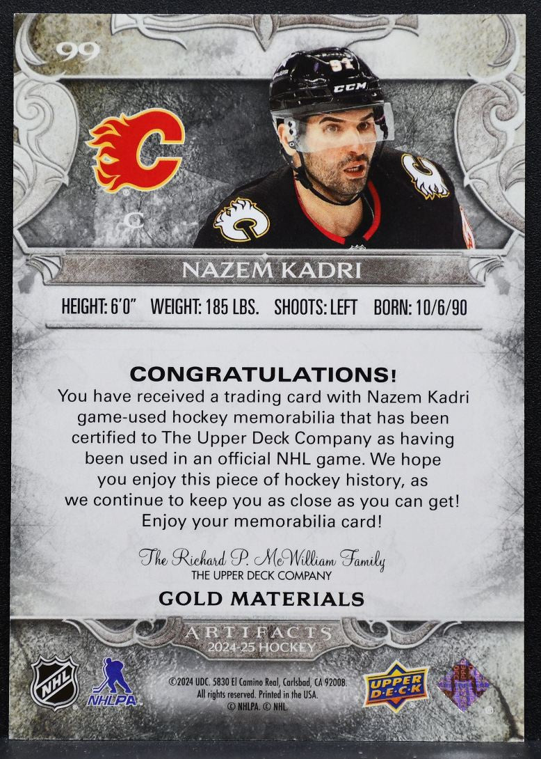 2024-25 Upper Deck Artifacts Material Gold Nazem Kadri 049/299 Jersey 6441