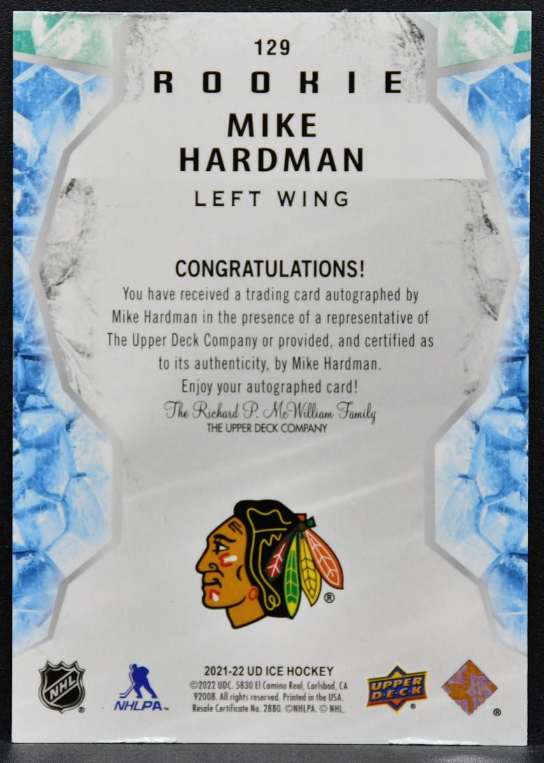 2021-22 UD Ice Rookie Autographs Red Mike Hardman Blackhawks RC Auto 7002