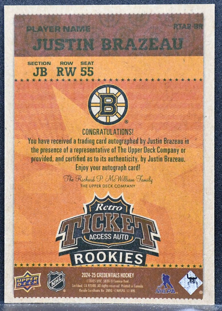 2024-25 UD Credentials Retro Ticket Access Auto Rookies Justin Brazeau RTAR-BR