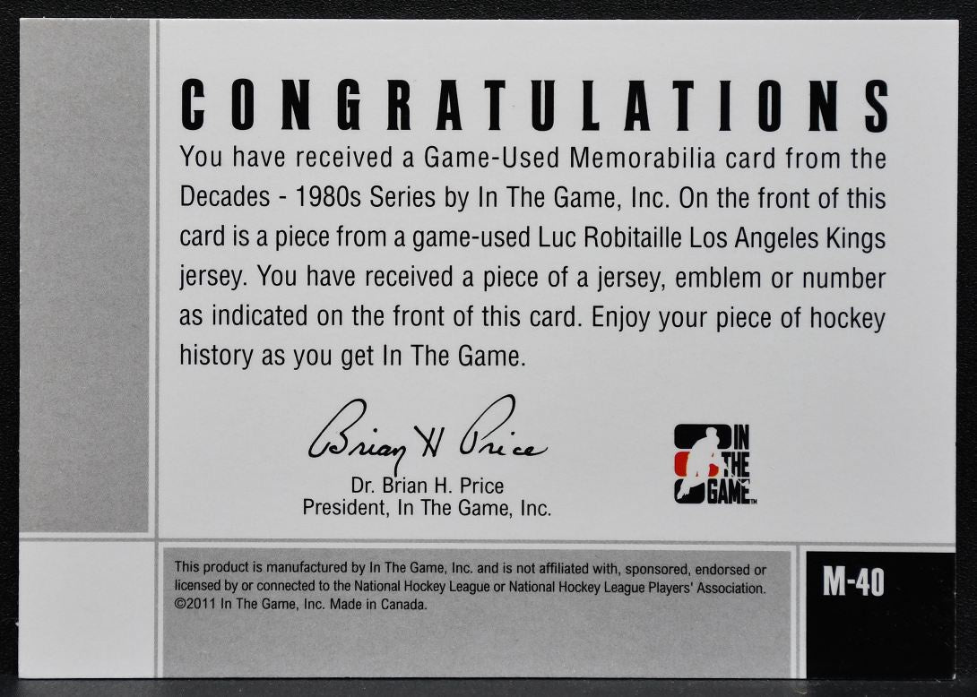 2011-12 ITG Decades -1980s Jersey Black Luc Robitaille M-40 Kings Jersey 5036
