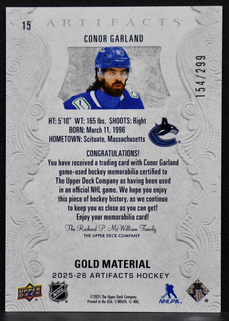 25-26 UD Artifacts Gold Material Conor Garland 15 Vancouver Canucks /299 Jersey 4016