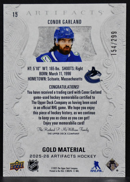 25-26 UD Artifacts Gold Material Conor Garland 15 Vancouver Canucks /299 Jersey 4016