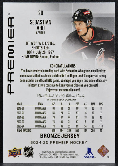 2024-25 Upper Deck Premier Bronze Jersey Sebastian Aho 20 Hurricanes Jersey 6296