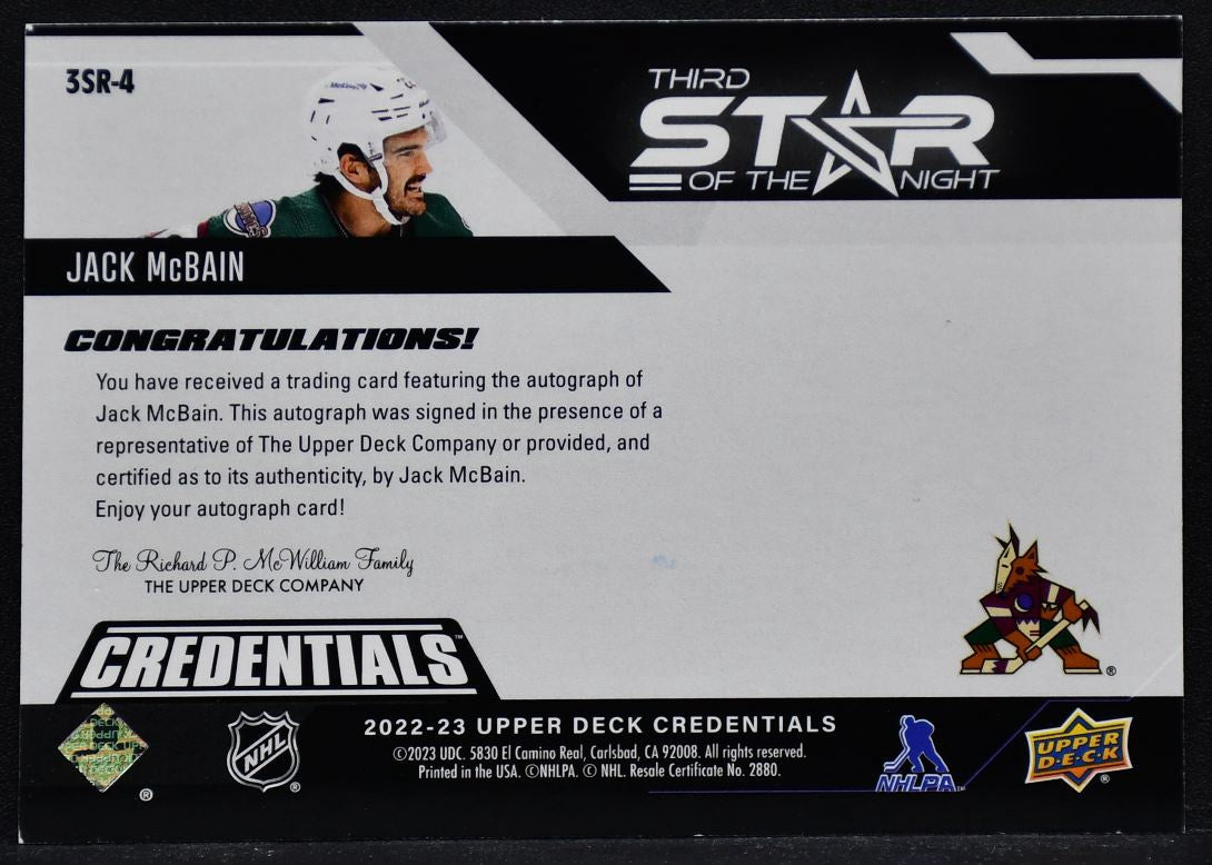 2022-23 UD Credentials Third Star of the Night Jack McBain 3SR-4 RC Auto 50/99
