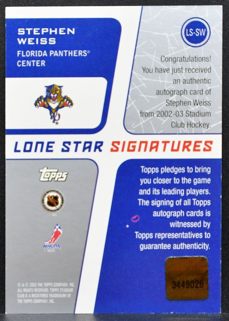 2012-13 Topps Stadium Club Lone Star Auto Stephen Weiss LS-SW Panthers Auto 0683