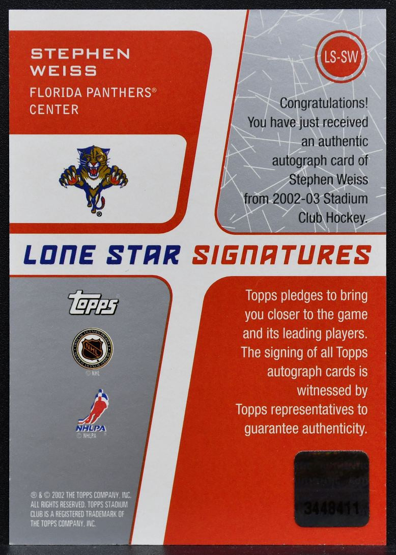 2002-03 Stadium Club Lone Star Auto Red Stephen Weiss LS-SW Panthers Auto 1318