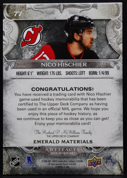 2024-25 UD Artifacts Nico Hischier 77 New Jersey Devils 59/65 Patch