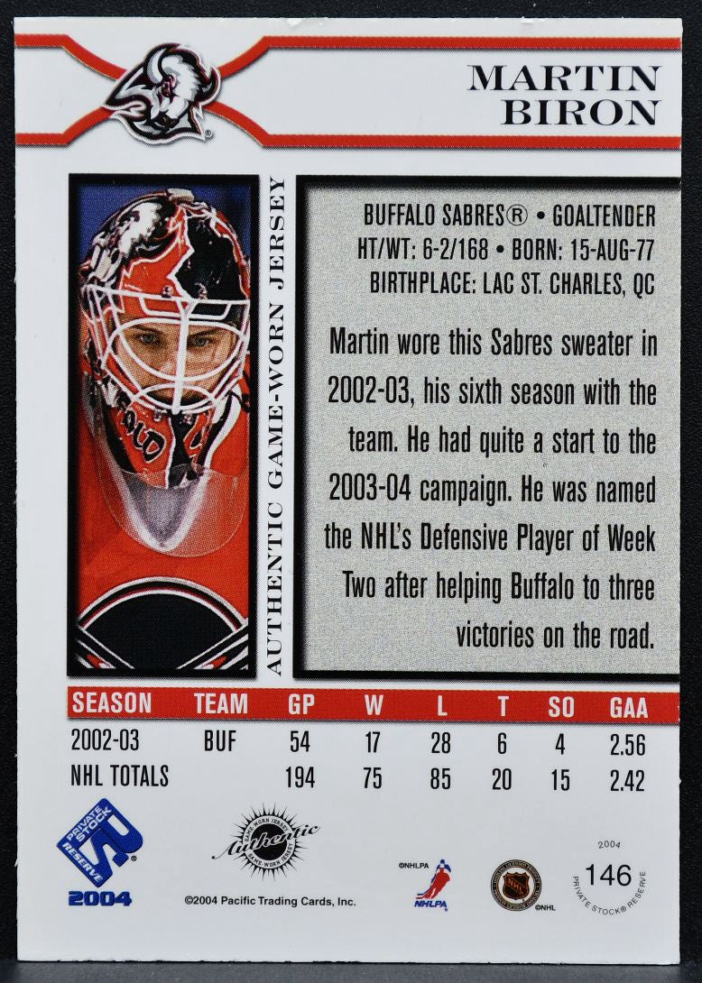 2003-04 Pacific Private Stock Reserve Jersey Martin Biron 146 Sabres Jersey 1656