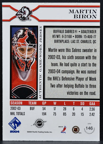 2003-04 Pacific Private Stock Reserve Jersey Martin Biron 146 Sabres Jersey 1656