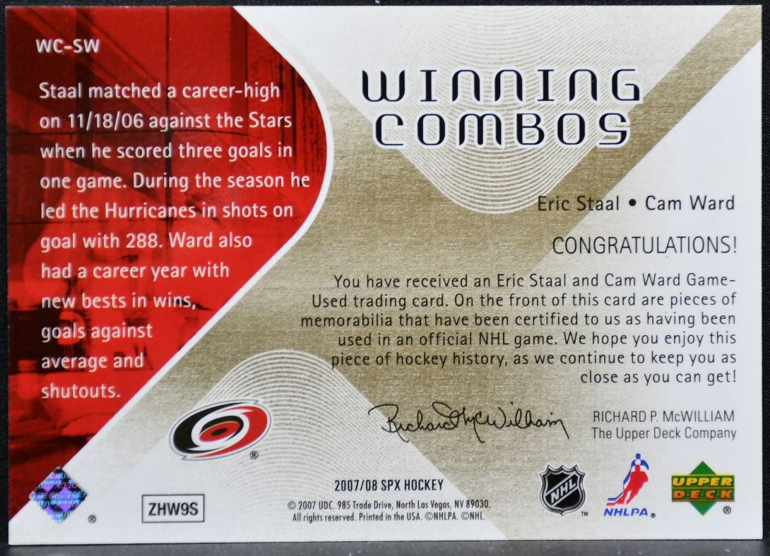 2007-08 SPx Winning Combos Eric Staal/Cam Ward WC-SW Hurricanes Jersey 1709
