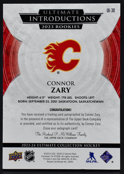 2023-24 UD Ultimate Collection Introductions Zary UI-30 Calgary Flames RC Auto