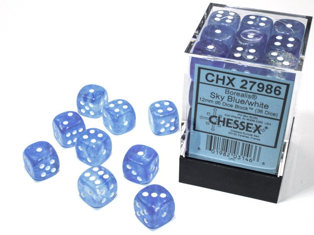 Borealis 36 * D6 Sky Blue / White 12mm Luminary Chessex Dice (CHX27986)