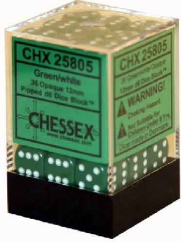 Opaque 36 * D6 Green / White 12mm Chessex Dice (CHX25805)