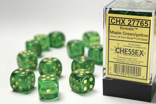 Borealis 12 * D6 Maple Green / Yellow 16mm Chessex Dice (CHX27765)
