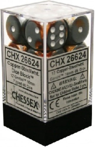 Gemini 12 * D6 Copper-Steel / White 16mm Chessex Dice (CHX26624)