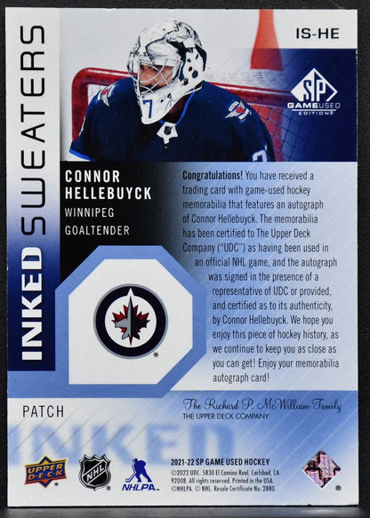 21-22 SP Game Used Inked Sweaters Patch Hellebuyck IS-HE Jets Auto 09/15 Patch 4626