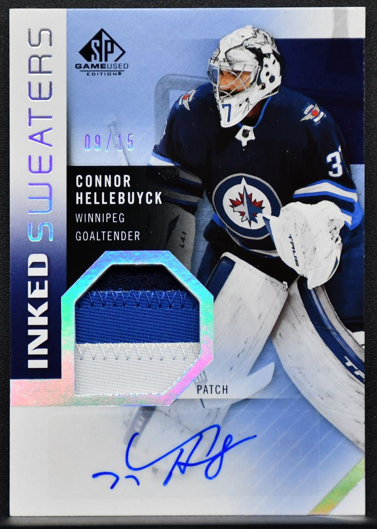21-22 SP Game Used Inked Sweaters Patch Hellebuyck IS-HE Jets Auto 09/15 Patch 4626