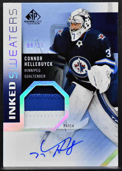 21-22 SP Game Used Inked Sweaters Patch Hellebuyck IS-HE Jets Auto 09/15 Patch 4626