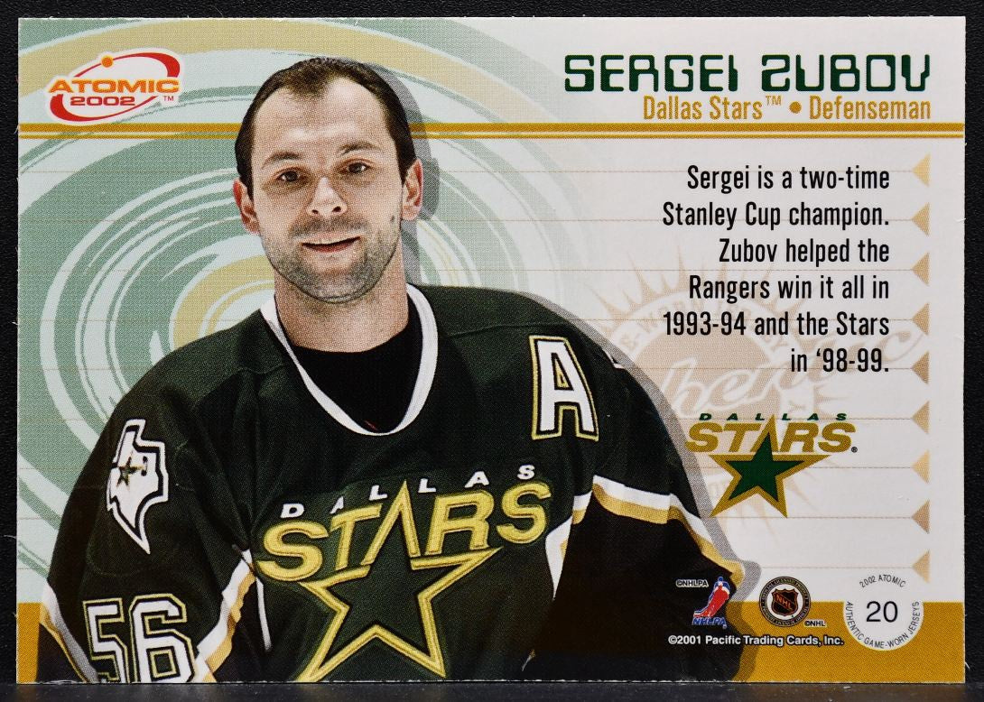 2001-02 Pacific Atomic Jersey Sergei Zubov 20 Dallas Stars Jersey 3223