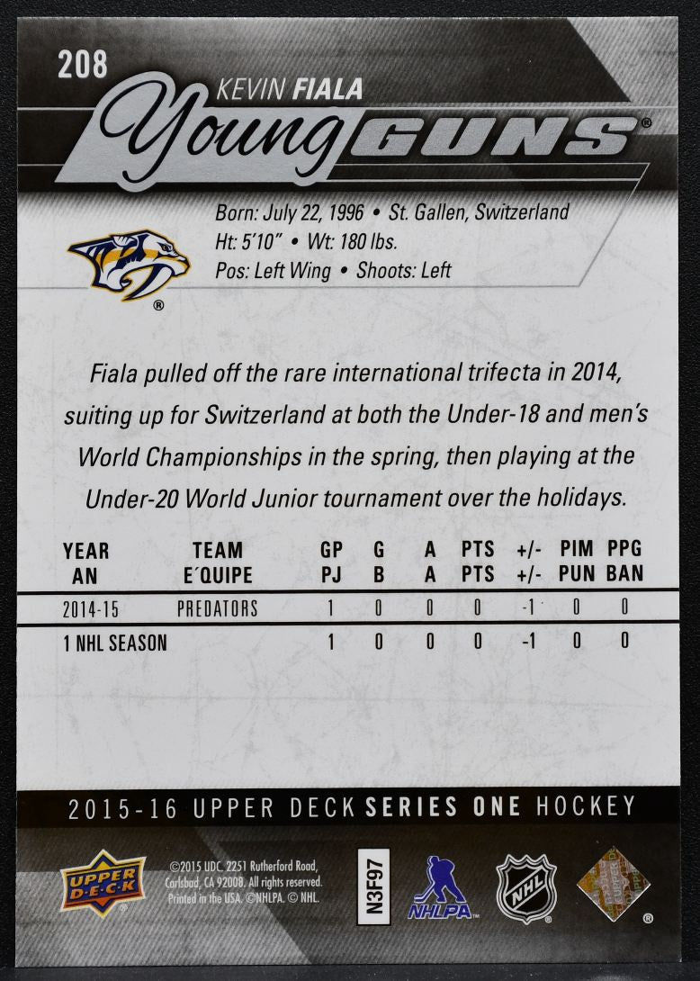 2015-16 Upper Deck Series 1 Young Guns Kevin Fiala 208 Predators RC 9393