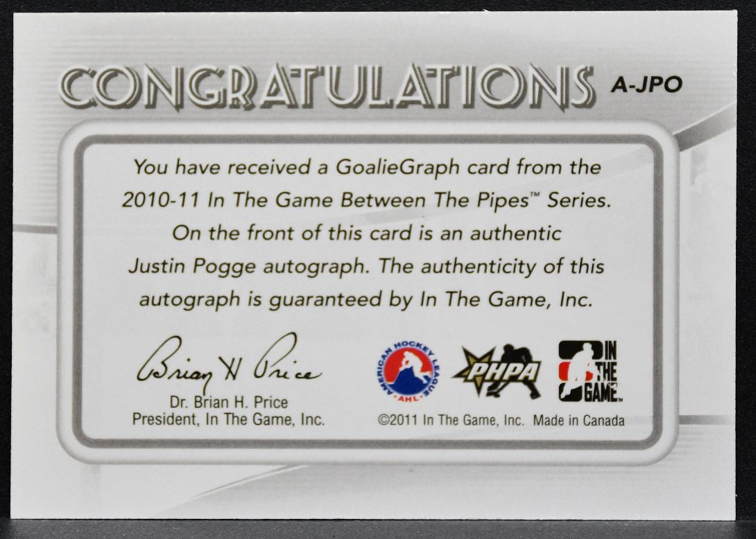 2010-11 ITG Between The Pipes Goaliegraph Justin Pogge Auto 0222