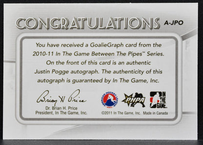 2010-11 ITG Between The Pipes Goaliegraph Justin Pogge Auto 0222
