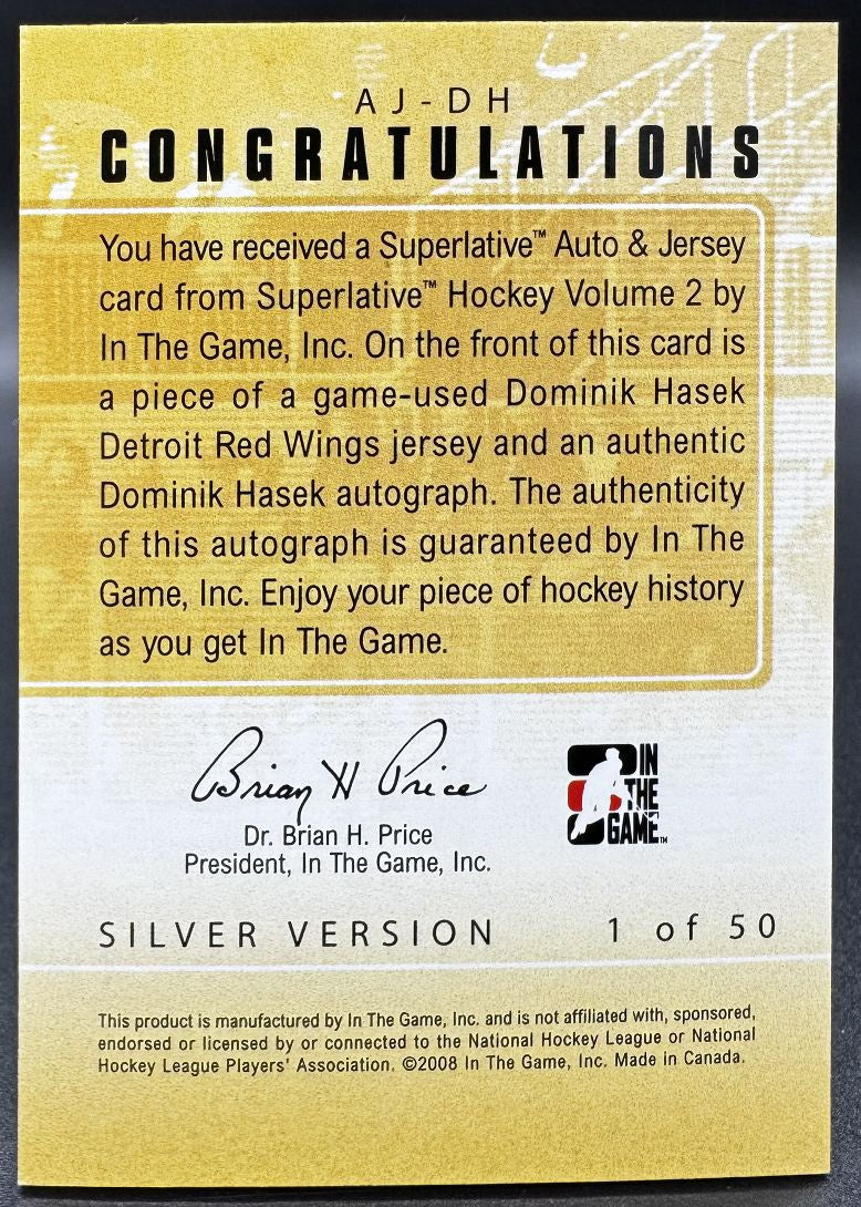 2008-09 In The Game Superlative Auto & Jersey Dominik Hasek AJ-DH Auto Jersey