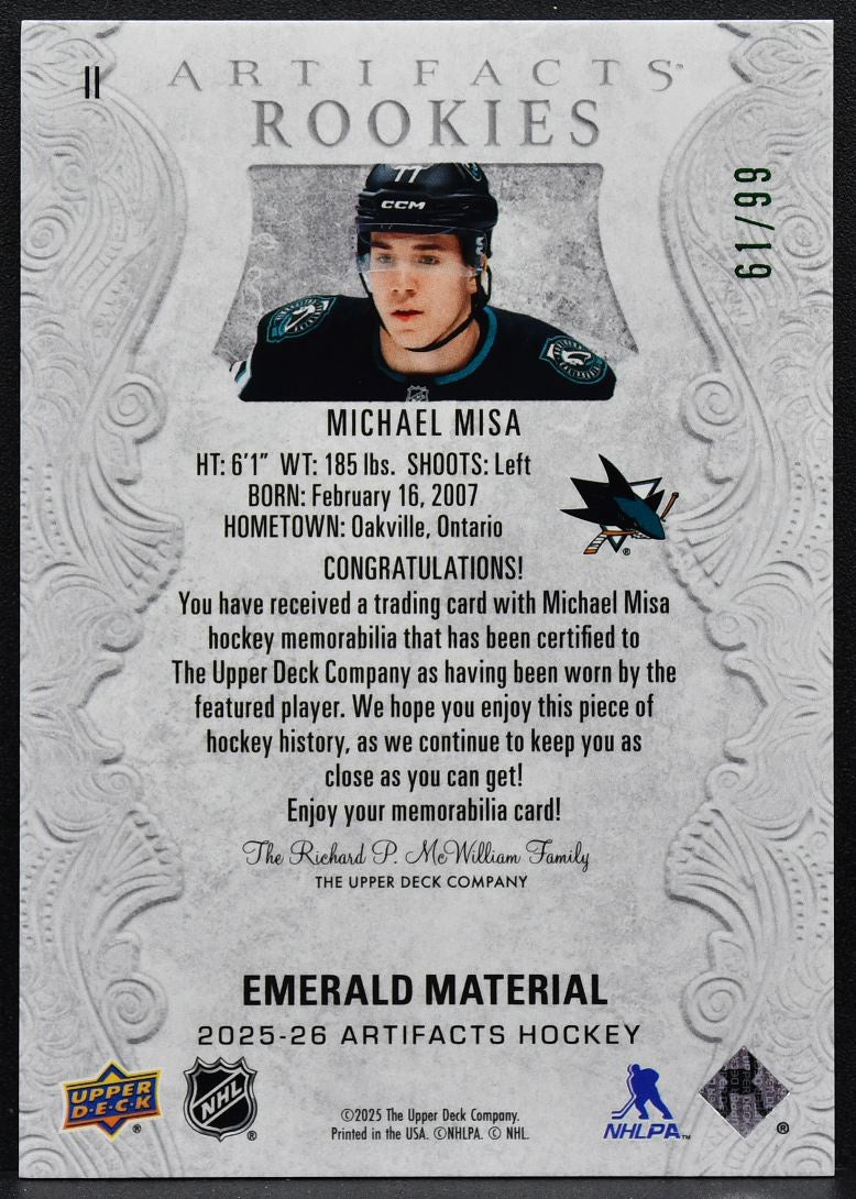 2025-26 UD Artifacts Rookies Emerald Material Redemptions Misa RC Patch 6384