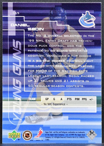 1999-100 Upper Deck Young Guns Daniel Sedin 165 Vancouver Canucks RC 8951