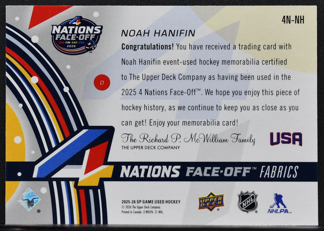 2025-26 SP Game Used 4 Nations Face Off Fabrics Noah Hanifin 4N-NH Jersey 7206