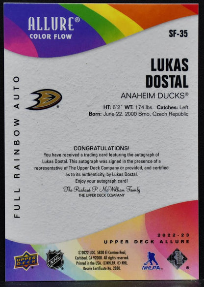 2022-23 UD Allure Color Full Rainbow Auto Lukas Dostal SF-35 Anaheim Ducks Auto